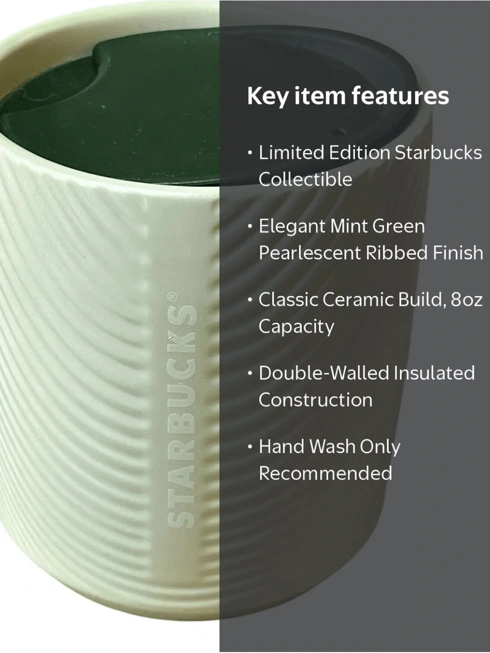 Ltd. Edition Starbucks Mint Green Pearlescent Ceramic 8 oz. Cup with twist Lid